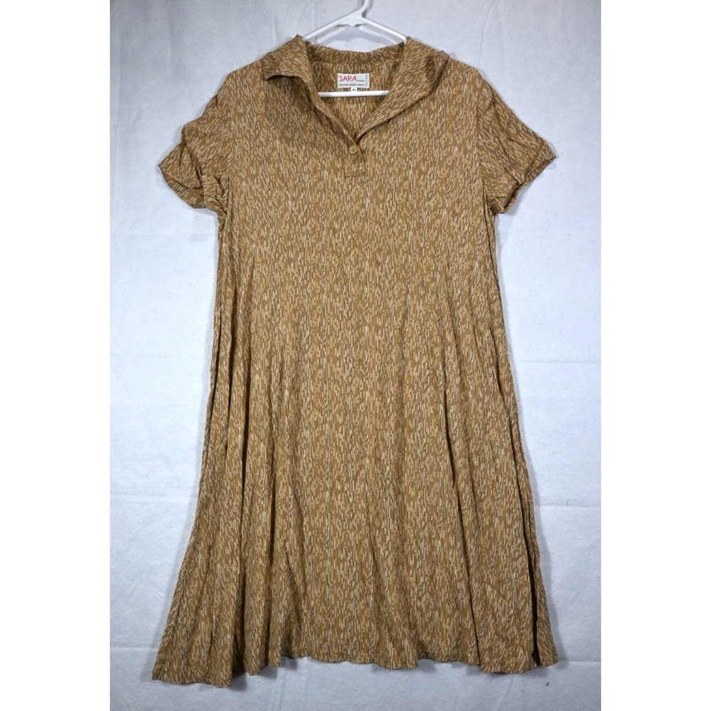 SARA Italy Dress Womens 46 Brown Pattern Short Sleeve Collared Flowy Midi